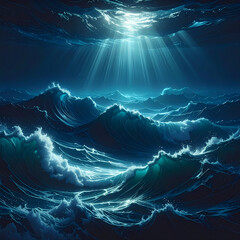 Ocean waves under sunlight beams digital art transparent background