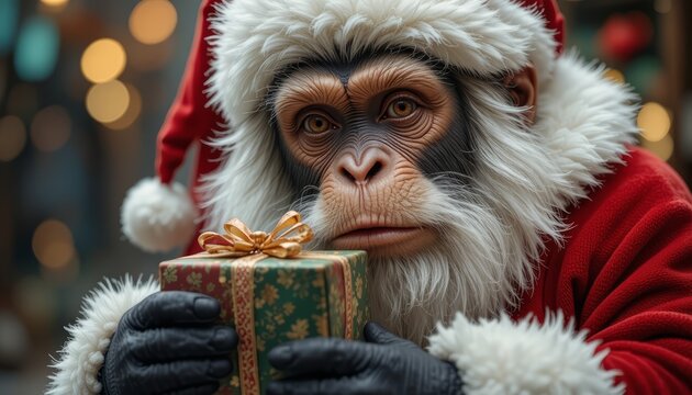 A monkey dressed in a Santa Claus outfit holds a wrapped gift. The background features festive decorations and soft bokeh lights, creating a holiday atmosphere.