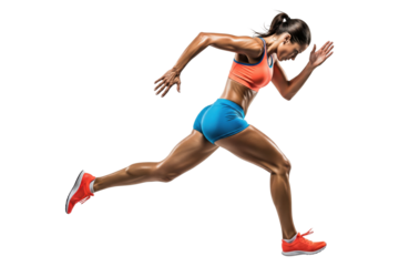 Muscular female sprinter running at full speed in colorful athletic wear