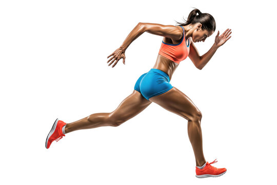 Muscular female sprinter running at full speed in colorful athletic wear