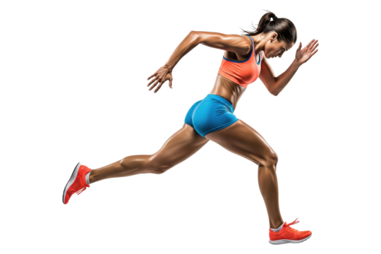 Muscular female sprinter running at full speed in colorful athletic wear