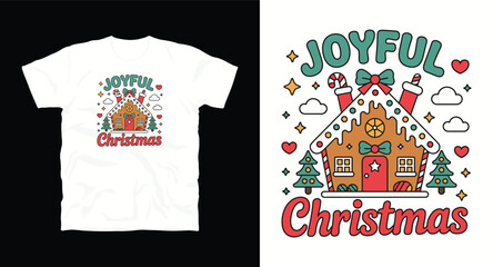 Gingerbread House with Joyful and Text Christmas on White T Shirt Layout with Detailed Illustration Isolated Vector Design Exactly 200 Characters Limited to 200