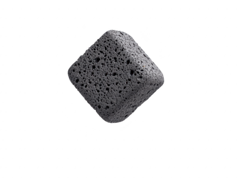Floating gray pumice stone with porous texture, isolated on transparency background, used for exfoliating skin, personal care, hygiene, and spa treatments, lightweight and natural material