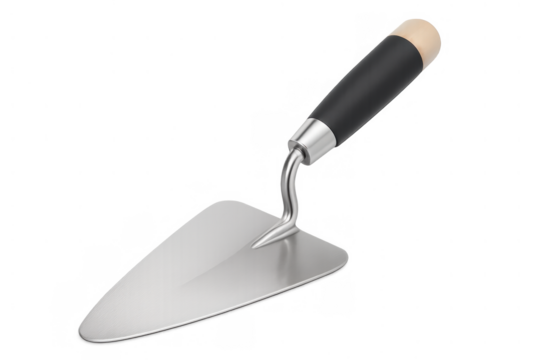 Masonry pointing trowel with metal blade and ergonomic handle, providing essential construction equipment on transparent background