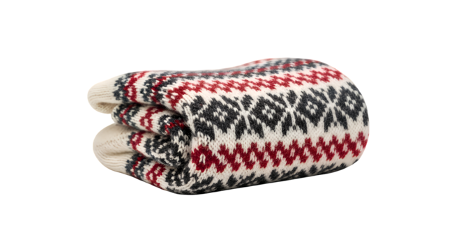A cozy folded woolen blanket featuring a traditional red, black, and white Nordic geometric pattern, isolated on a clean isolated on a transparent background