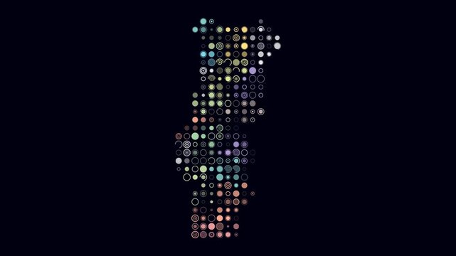 Portugal animated country shape. Pulsating colored dots on the map of the country. Large size circle blocks. Digital style Portugal map on dark background. Simple animation video.