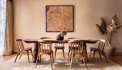 rustic live edge dining table and wooden log chairs against beige wall with big art poster frame farmhouse japandi interior design of modern dining room