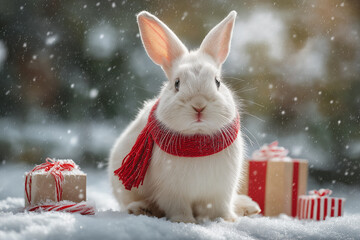 White Rabbit Resting in Snow Next to Holiday Present
