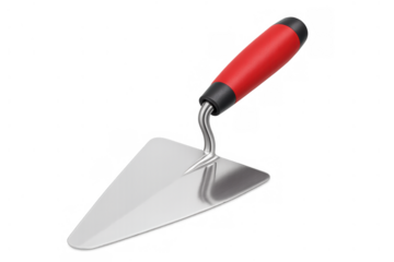 Metal trowel with a bright red handle, essential equipment for building brick walls or applying plaster and cement