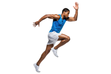 African American man running mid-stride with athletic form and power
