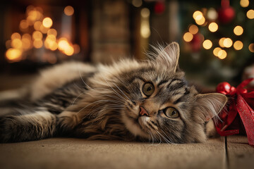 Cozy Cat Lying Near Christmas Tree Lights in Festive Outfit