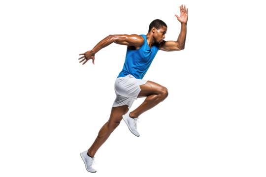 African American man running mid-stride with athletic form and power