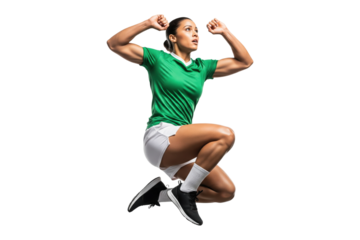 Female soccer player in a green jersey jumping and celebrating a victory