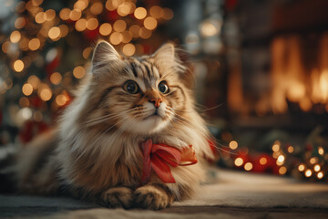 Fluffy Cat Relaxing Beside Christmas Tree Decorations