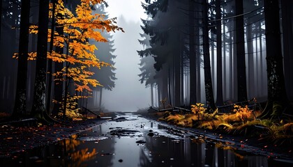 Misty Autumn Forest Path with Golden Leaves and Glowing Lights