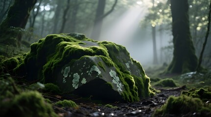 Moss-Covered Rock in a Forest with Sunlight for Nature and Tranquility