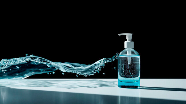 Transparent isolated clean empty bottle with blue base in mockup style on black background with water splash, horizontal banner, free space for space, copy space