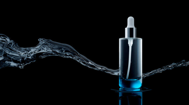 Transparent isolated clean empty bottle with blue base in mockup style on black background with water splash, horizontal banner, free space for space, copy space