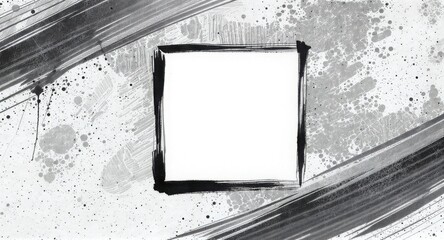 Grunge White Square Frame with Textured Edges on Speckled Monochrome Background and Diagonal Lines
