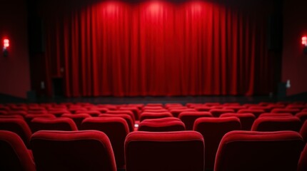 Crimson Stage: a dramatic visual, focusing on red theater seating facing a closed, red curtain in an auditorium ready for a performance. Evokes a sense of anticipation and the allure of show business.