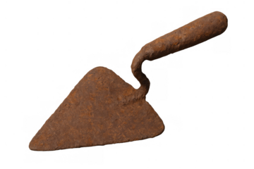 Rusted metal pointing trowel with wooden handle, an antique construction tool on transparent background