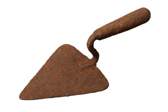 Rusted metal pointing trowel with wooden handle, an antique construction tool on transparent background