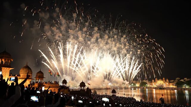 Republic Day India celebration with bright fireworks illuminating night sky and reflecting on water, Republic Day India commemorates adoption of constitution.