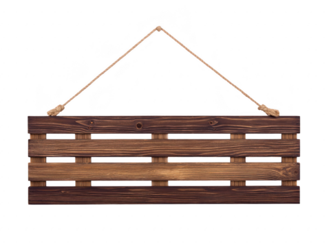 Wooden hanging sign with rustic dark brown planks and rope, perfect for home decor, shop display, or personalized messages, creating warm and inviting atmosphere