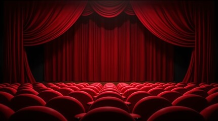 Theatrical Stage with Curtains: The crimson stage curtains are drawn, setting the scene for anticipation and drama. Empty seats anticipate the show and the show is about to start.