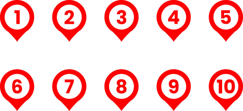 Numbered Location Pins Icons &ndash; Map, GPS, Navigation, Vector