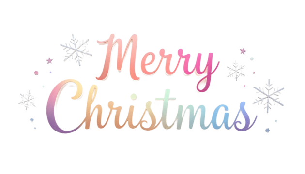 Colorful “Merry Christmas” text with snowflakes on a black background.