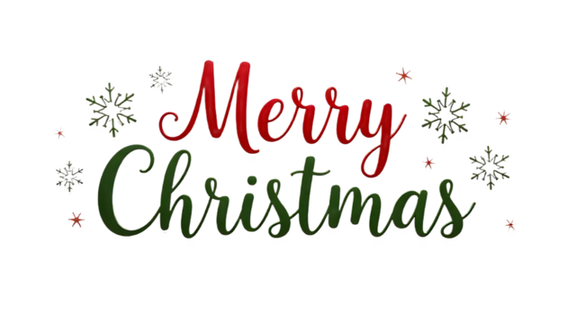 Red and green “Merry Christmas” text surrounded by small snowflakes on a black background, giving a festive winter feel.
