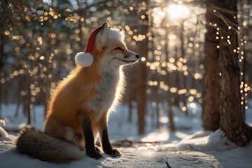 Red Fox Sitting Gracefully in Snowy Forest with Christmas Lights