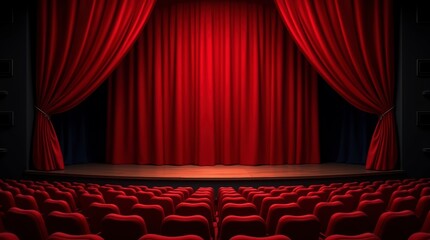 Theater Stage Elegance: A captivating theater stage scene, adorned with elegant red curtains and rows of seats, invites anticipation.