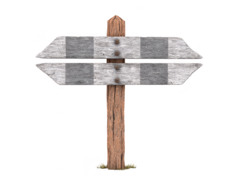 Weathered wooden signpost with two blank arrow signs, rustic texture, isolated on transparent background, evokes sense of direction and adventure, perfect for travel or outdoor themes
