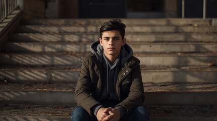 A teenager sits alone on a school staircase, a pensive expression on his face, sunlight, and long winter shadows.