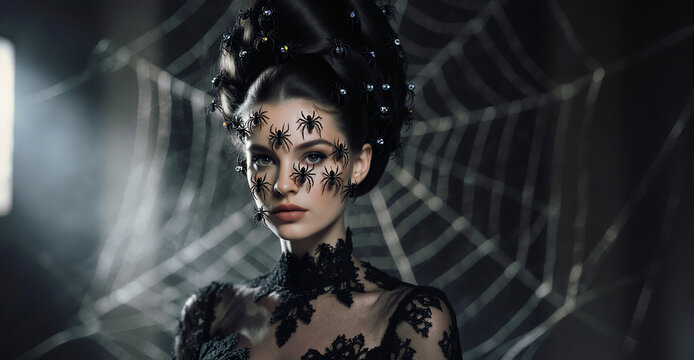 A young Caucasian woman wears dramatic, spider-themed makeup and a black lace costume, posed against a dark, blurry spiderweb.