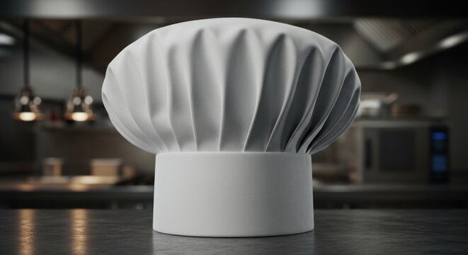 A white chefs hat stands on a dark countertop in a blurred kitchen