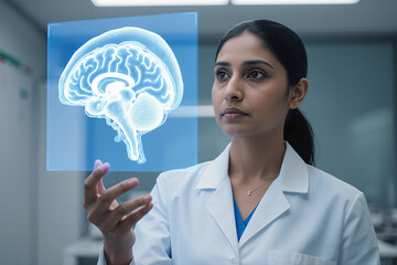 A serious young South Asian woman, dressed in a lab coat, examines a glowing, blue, holographic projection of a human brain.