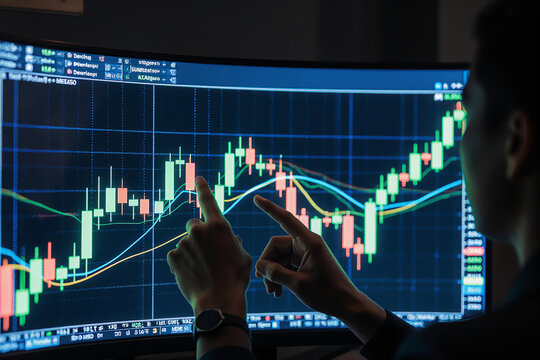 A person points at a glowing monitor displaying candlestick charts and technical analysis lines, examining stock market trends in a dark environment.