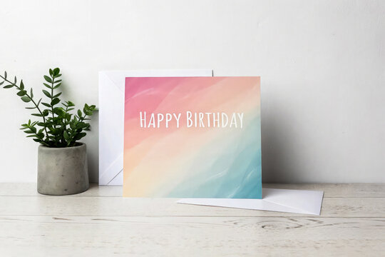 Happy Birthday Card on Desk with Plant - Powered by Adobe