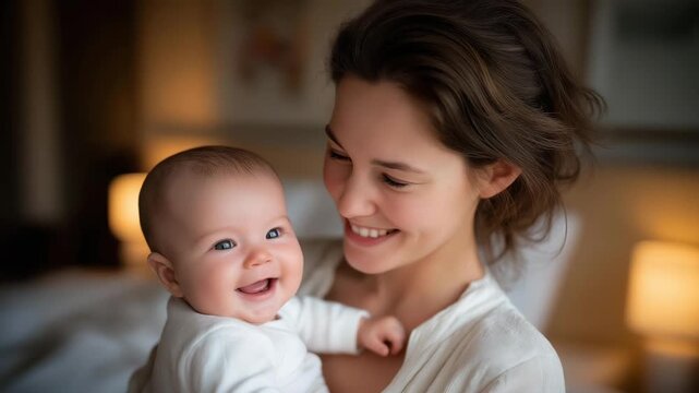 Smiling mother standing in a cozy bedroom holding her baby and looking into its eyes, emotion of deep connection and unconditional love visible, symbolizing attachment parenting, emotional