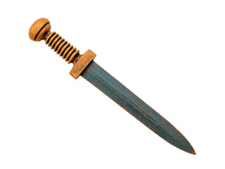 Ancient short sword with weathered metal blade and round wooden hilt, historical weapon used for close combat, isolated on transparency background