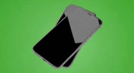 Two modern smartphones on a vibrant green background present mobile technology style