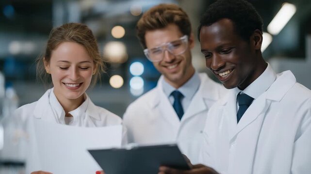 Team of data scientists and chemists collaborating in smart laboratory surrounded by digital dashboards, emotion of excitement visible, representing interdisciplinary innovation, materials AI