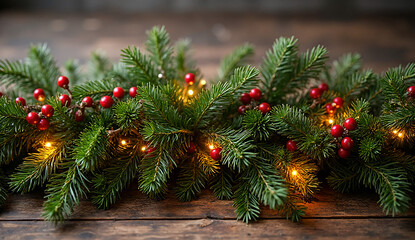 Eco-Friendly Christmas Garland with Pine Branches, Red Berries, and Warm Lights on Rustic Wooden Table — Nature-Themed Holiday Banner