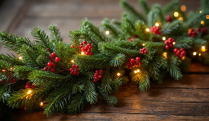 Eco-Friendly Christmas Garland with Pine Branches, Red Berries, and Warm Lights on Rustic Wooden Table — Nature-Themed Holiday Banner