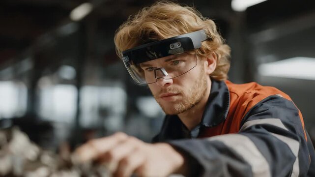 Technician using holographic overlay to operate robotic machinery during interactive industrial training, emotion of determination visible, representing AR-based learning, safety training, and