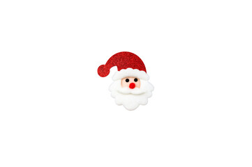 Funny and cute Santa Claus face with red glitter hat and white fluffy beard isolated on white background. Minimal festive Christmas decoration for greeting cards, winter design.