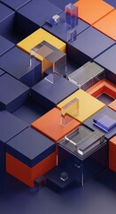 Abstract geometric shapes, modern design, 3D rendering, technology concept, dark blue, orange, yellow.